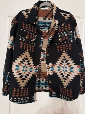 Aztec Print Utility Jacket - Black with Brown & Teal